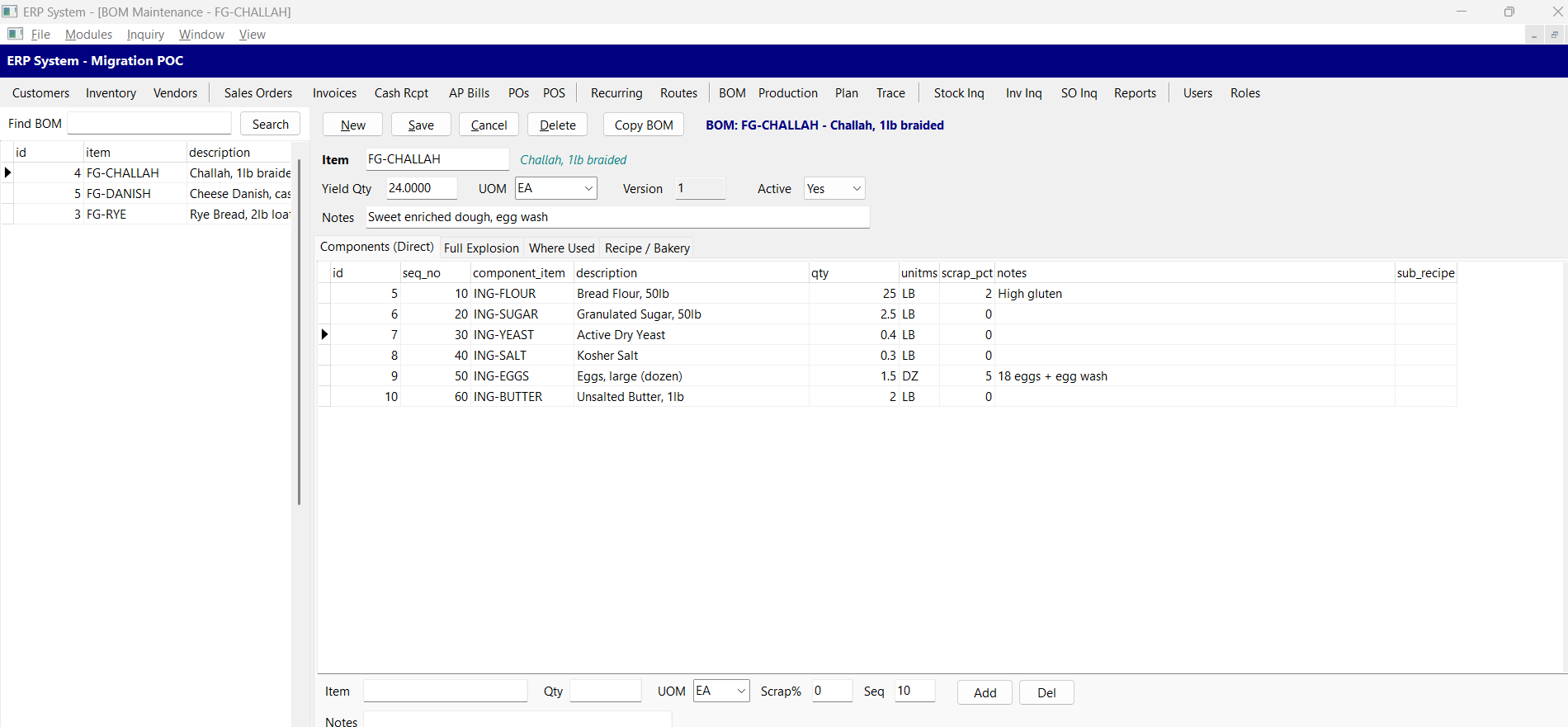 BOM and recipe maintenance screen showing a cheese danish recipe with ingredient lines, quantities, scrap percentages, and the Recipe/Bakery tab with shelf life and allergen flags