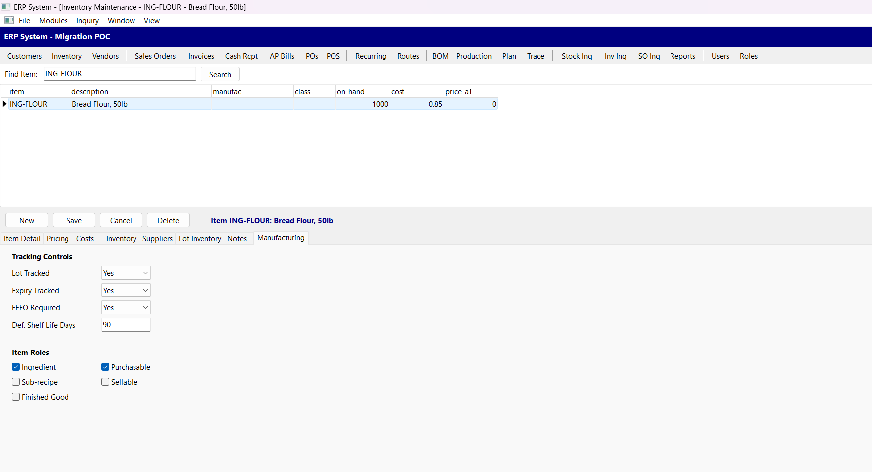 Inventory item Manufacturing tab with lot tracked, expiry tracked, FEFO required flags and default shelf life days
