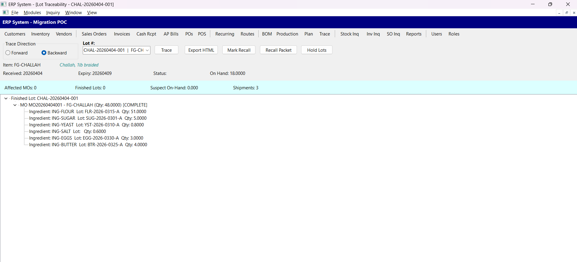 Lot traceability screen showing a backward trace from a finished challah lot to all ingredient lots consumed, with recall summary panel and Recall Packet button
