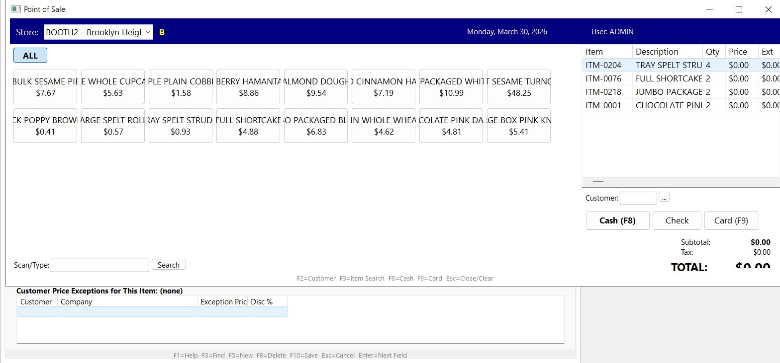 Ask the Ledger POS interface showing touch-friendly product tiles, barcode scanning, multi-location booth support, and cash/check/card payment options