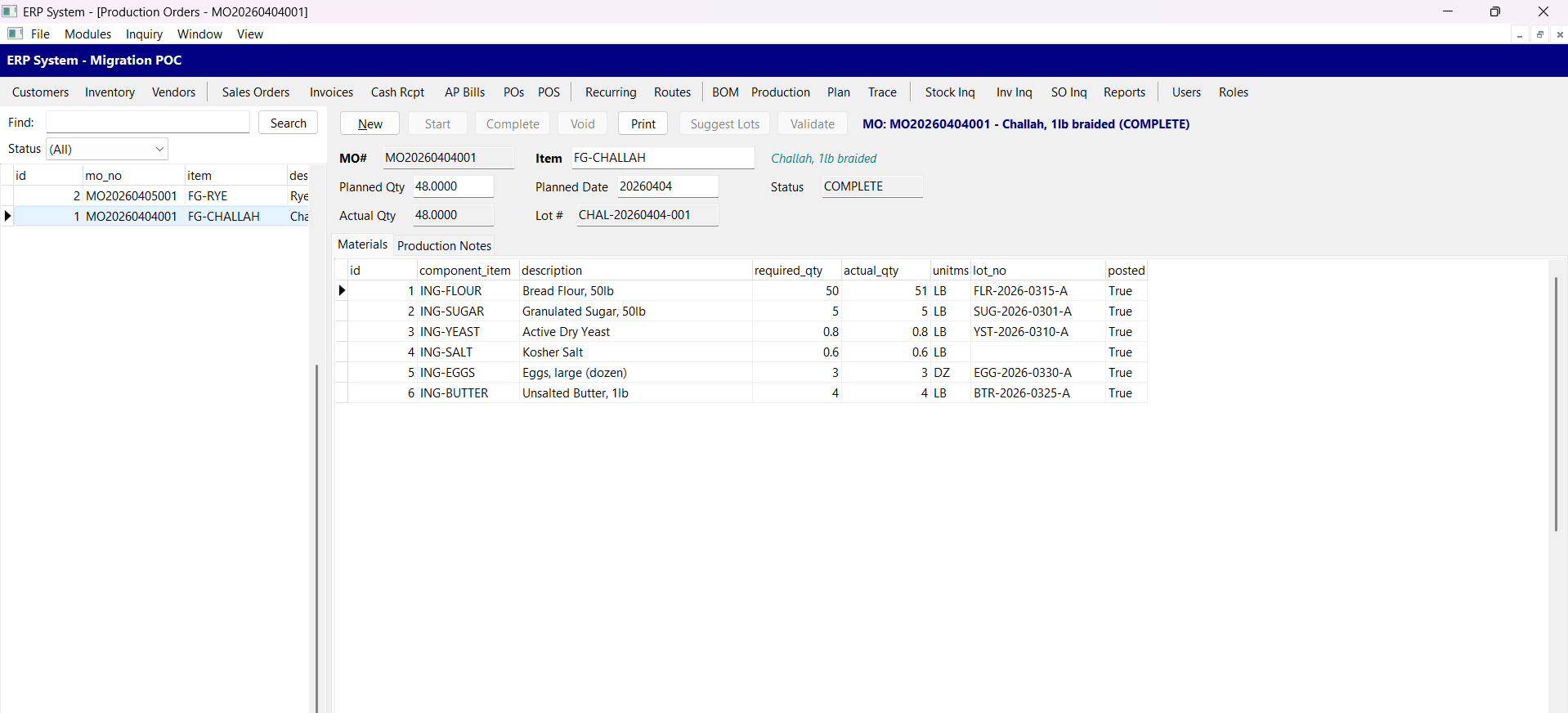 Production order showing a completed challah batch with all six ingredient lines, lot numbers assigned via FEFO, and the Suggest Lots and Validate buttons