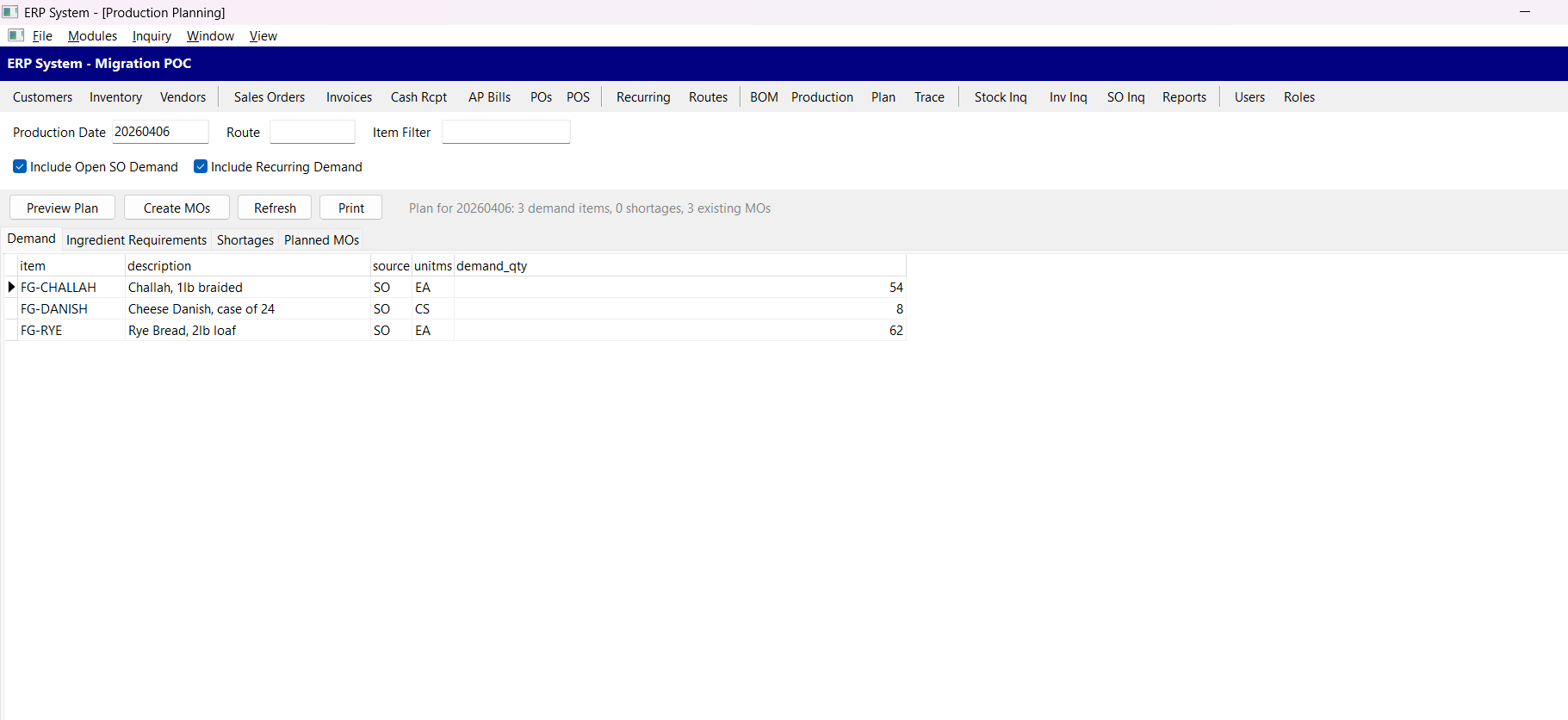 Production planning screen aggregating demand from sales orders and recurring templates for a given production date