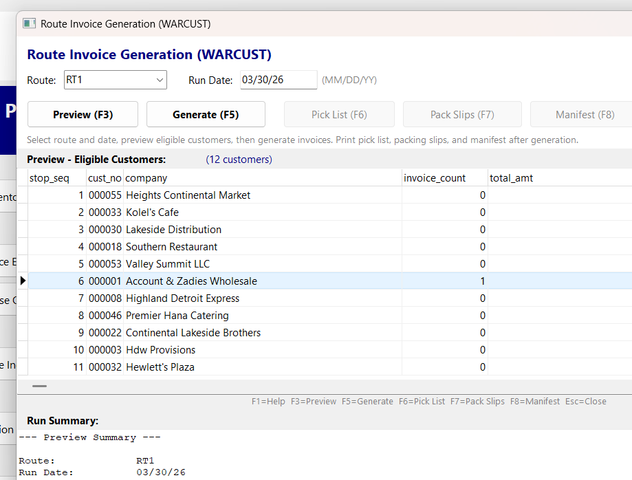 Route generation preview showing eligible invoices and delivery stops