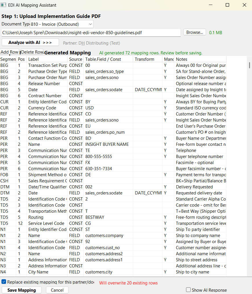 EDI AI Mapping Assistant after analyzing a trading partner's implementation guide PDF. Shows 72 auto-generated mapping rows with columns for Segment, Position, Label, Source (CONST or FIELD), Table.Field or constant value, Transform function, Mandatory flag, and Notes. Visible rows include BEG, REF, PER, DTM, TD5, N1, N3, N4 segments mapped to ERP fields like sales_orders.sono, customers.company, customers.cust_no.