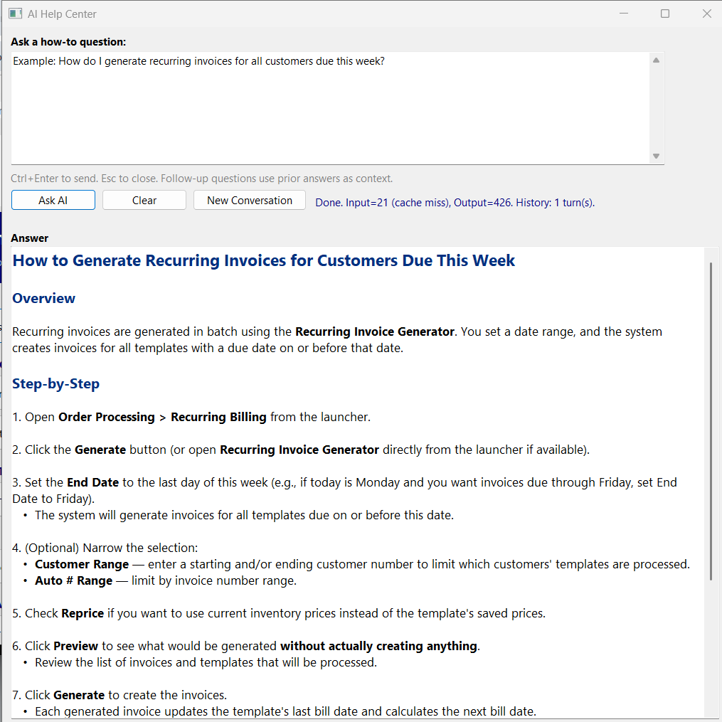 AI Help Center answering a how-to question with formatted markdown output: title 'How to Generate Recurring Invoices for Customers Due This Week', an Overview section, and a numbered Step-by-Step section covering Order Processing > Recurring Billing path, clicking Generate, setting End Date, optional Customer Range and Auto # Range filters, the Reprice option, and Preview before final generation. Bold key UI element names throughout.