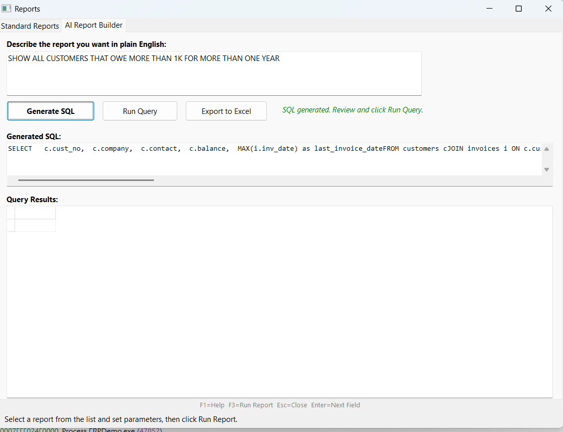 AI ERP reporting dashboard where distributors ask business questions