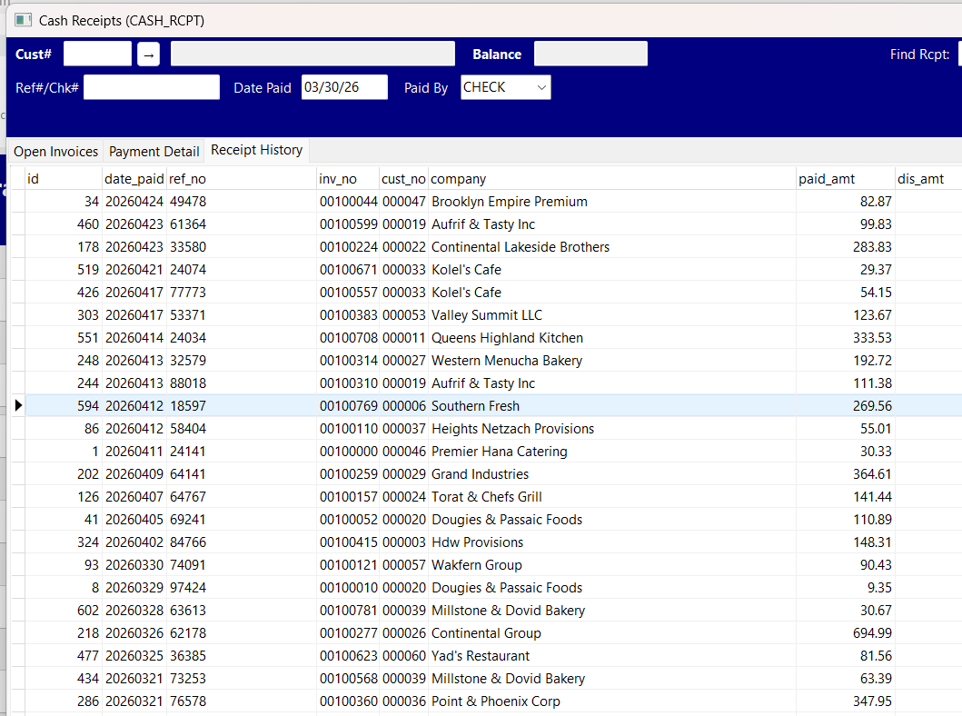 Cash receipts screen for applying customer payments to open invoices