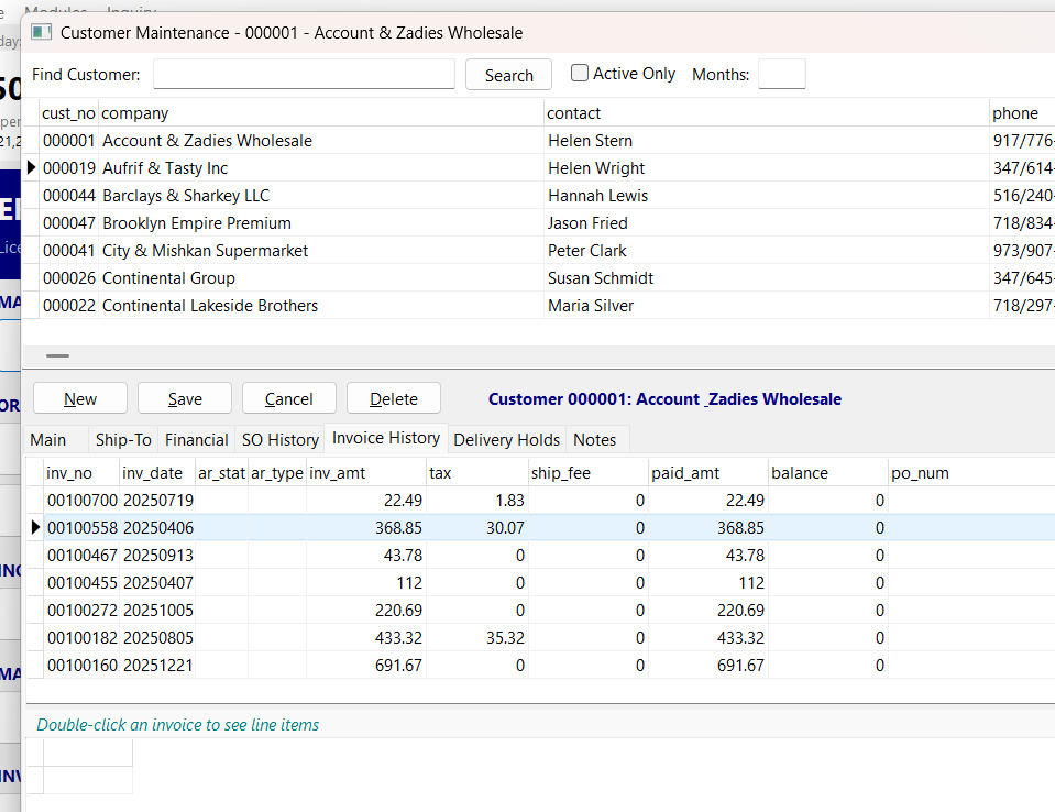 Customer invoice history with drill-down to line items