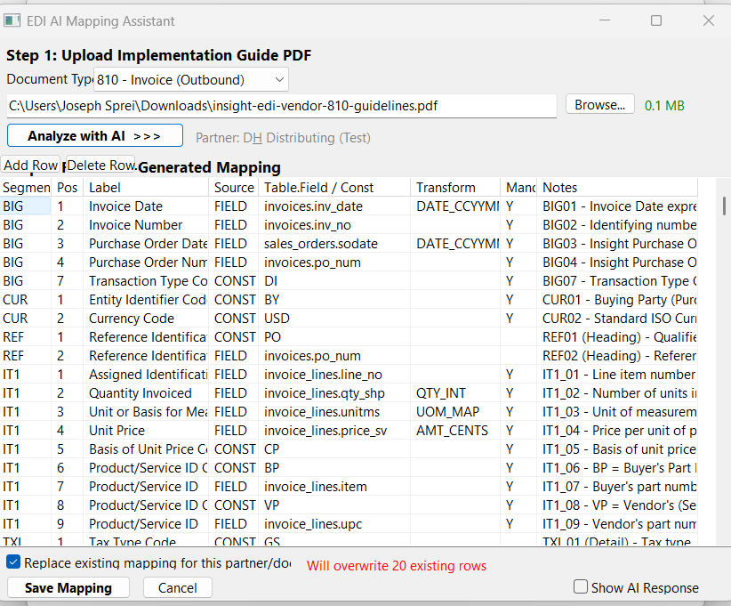 Ask the Ledger EDI Integration Demo — AI-powered field mapping for wholesale distributors