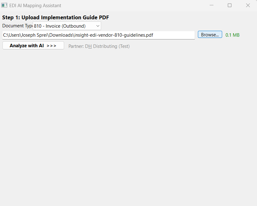 EDI AI Mapping Assistant dialog showing Step 1: Upload Implementation Guide PDF with document type selector and Browse button
