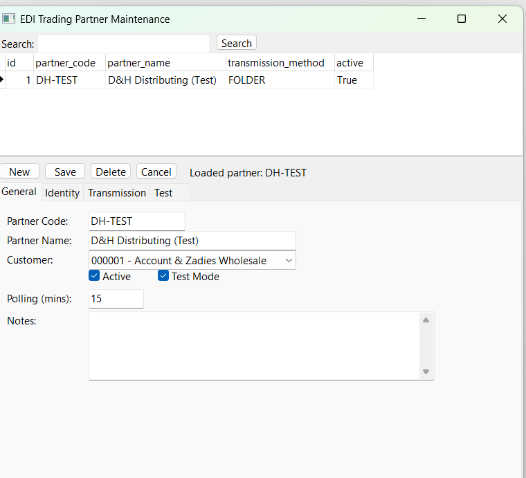 EDI trading partner setup General tab showing partner code, name, customer link, active and test mode toggle, and polling interval