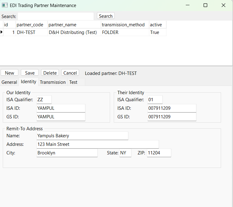 EDI trading partner Identity tab showing ISA qualifiers, ISA and GS IDs for sender and receiver, and remit-to address