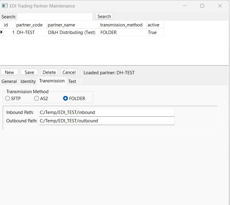 EDI trading partner Transmission tab with SFTP, AS2, and watched folder radio buttons and inbound/outbound path configuration