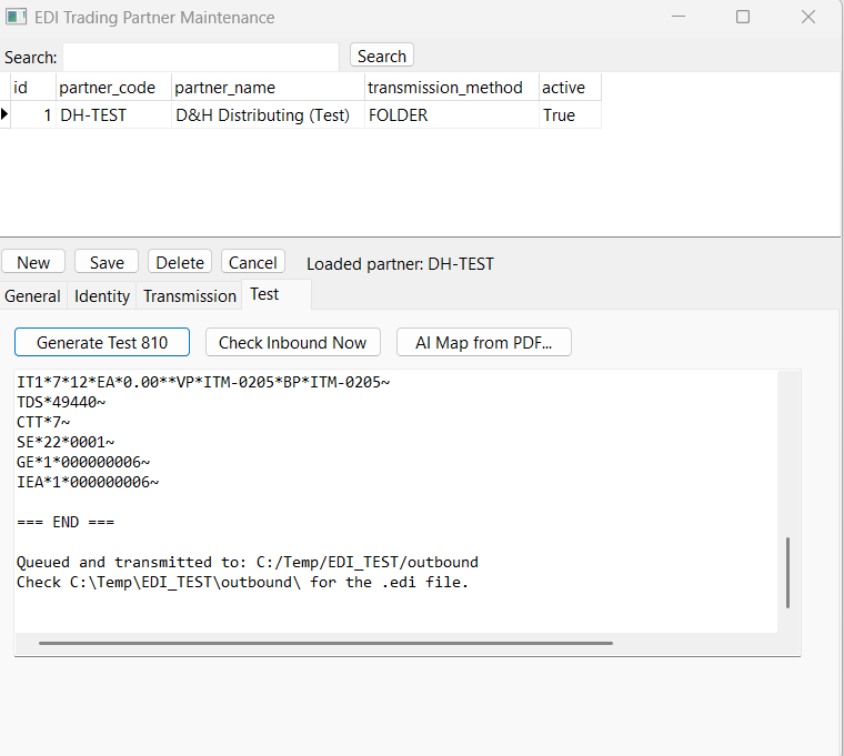EDI Test tab showing generated X12 810 invoice document with actual EDI content and segment detail