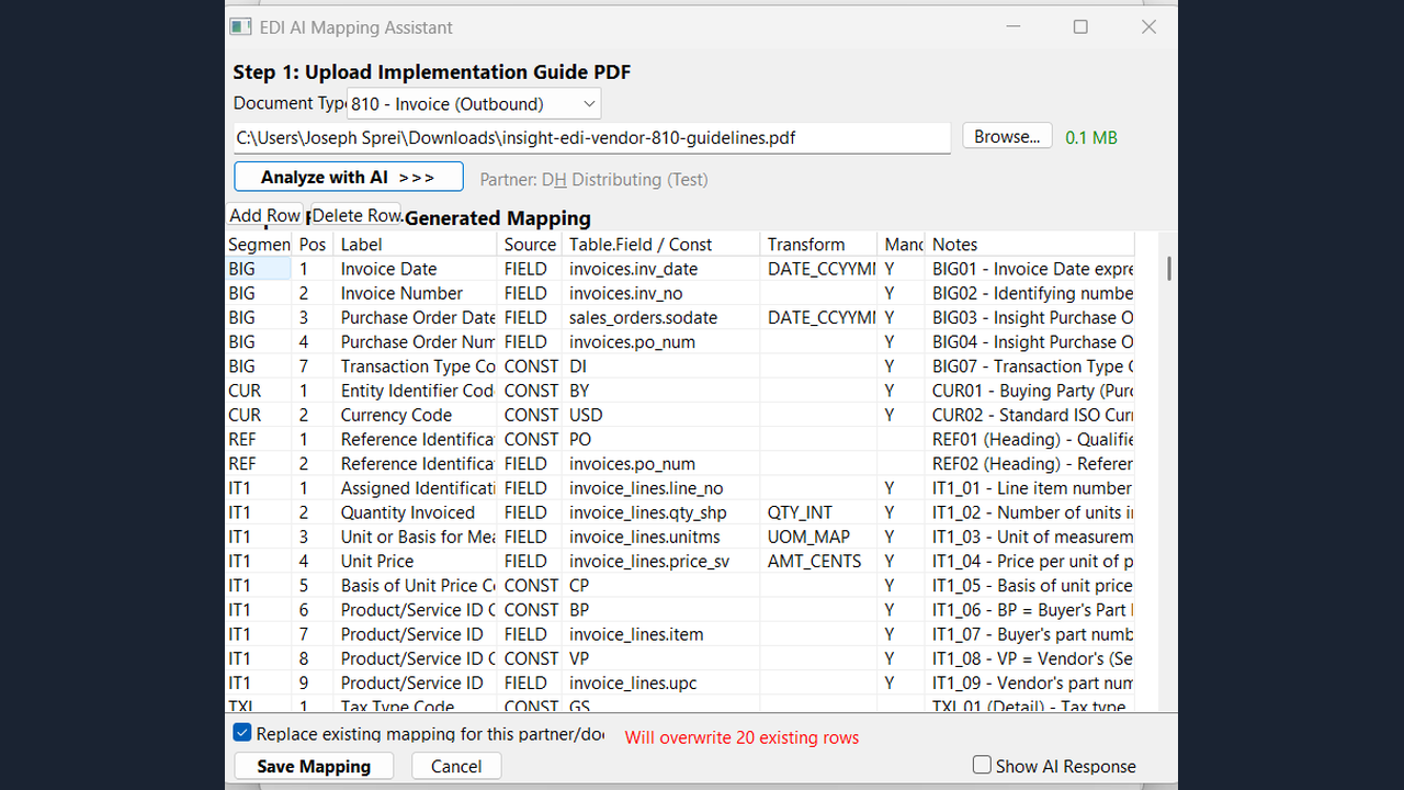 Ask the Ledger EDI Integration Demo — AI-powered field mapping for wholesale distributors