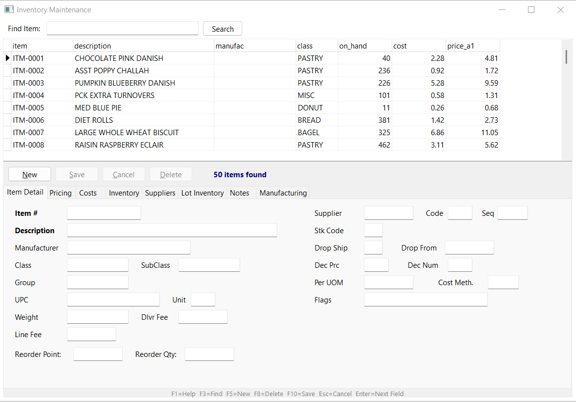 Inventory maintenance screen with smart search across 100K+ items and supplier details