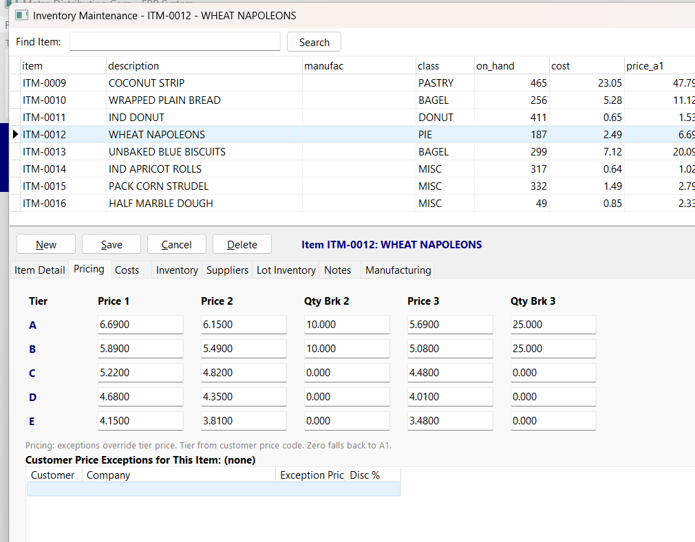 Inventory maintenance with 5-tier pricing matrix and quantity break levels