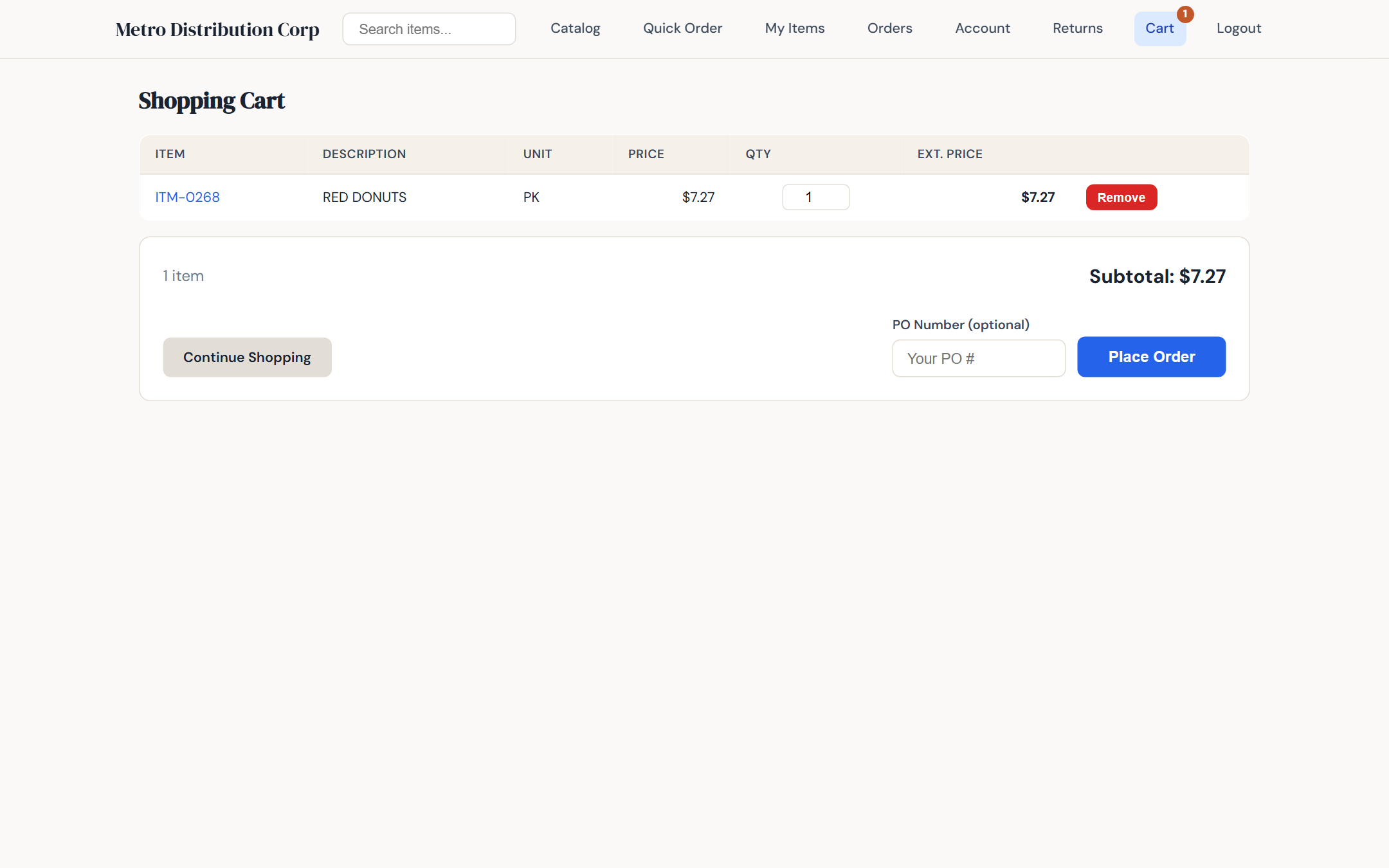Shopping cart in B2B portal with quantity editing, PO number, ship-to address selector, and subtotal