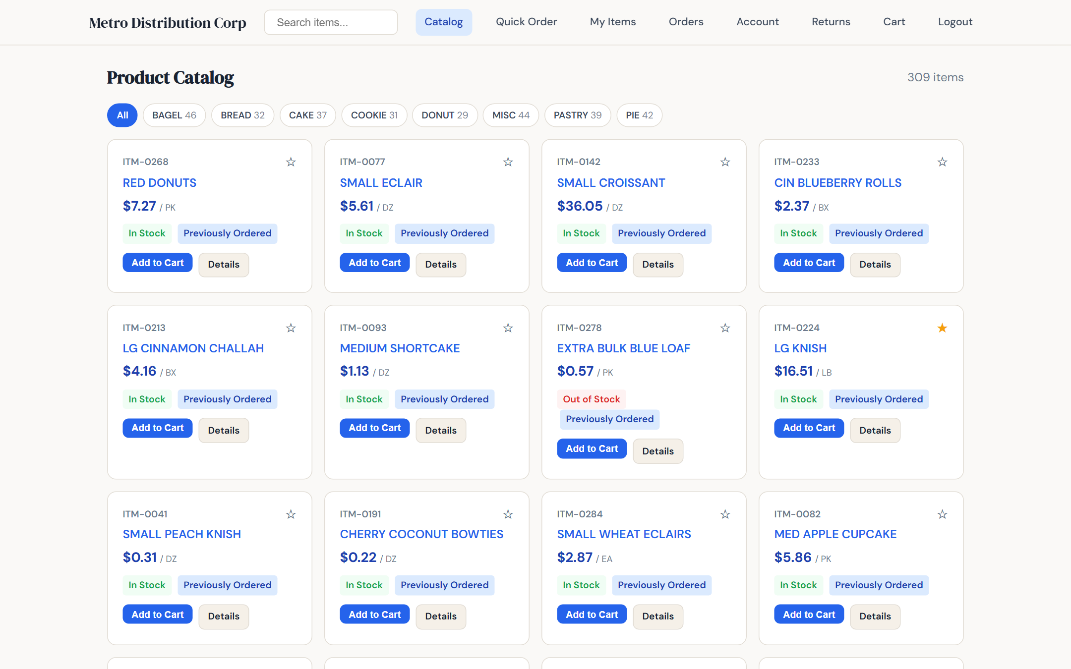 B2B portal product catalog with search, category pills, favorite stars, customer-specific pricing, and Add to Cart buttons