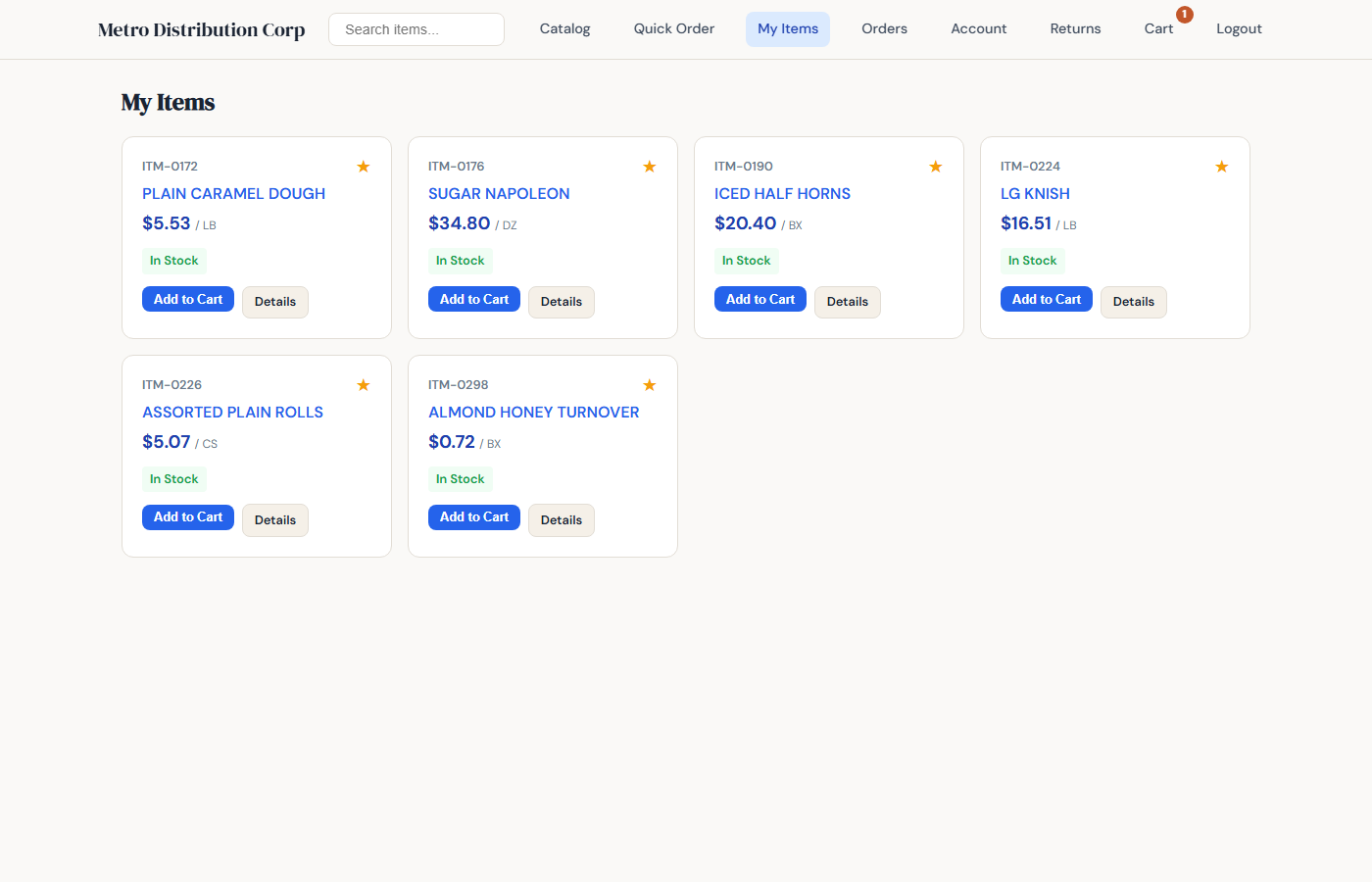 My Items favorites page in B2B portal showing starred items customer orders frequently