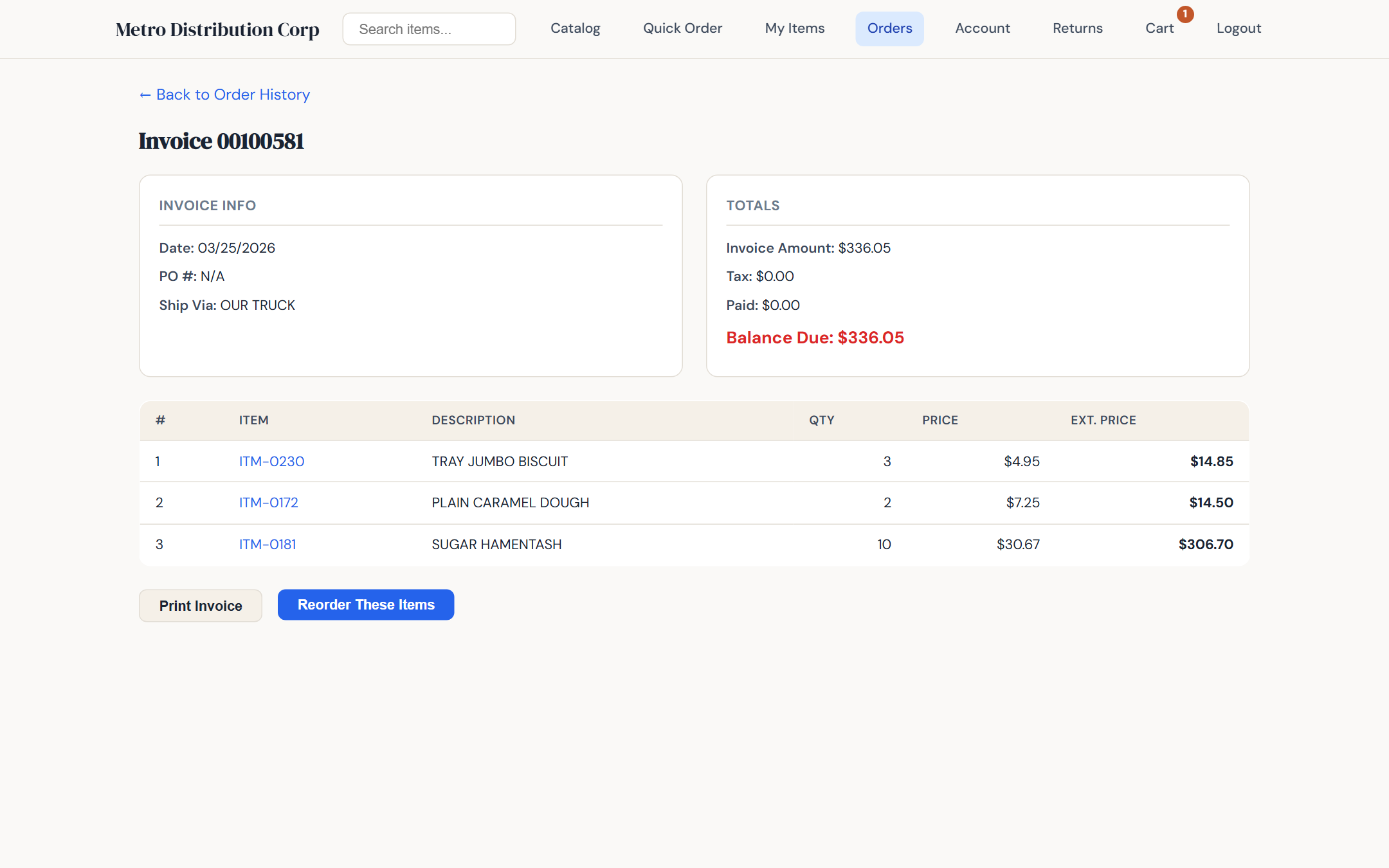 Invoice detail in B2B portal with line items, totals, print-friendly view, and reorder