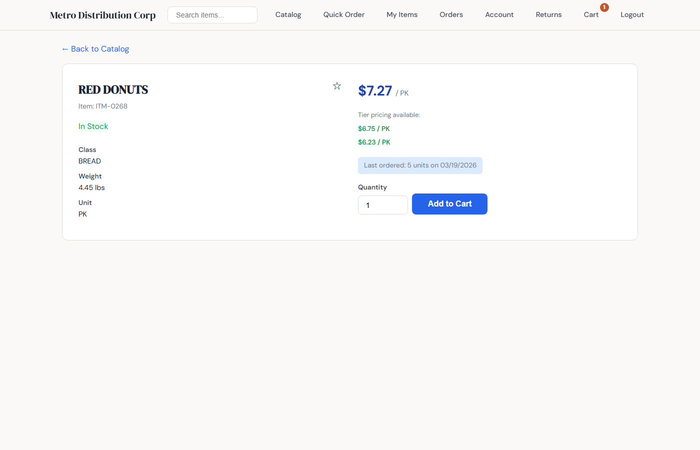 Item detail page in B2B portal showing price, tier pricing, previously ordered quantity, and add to cart