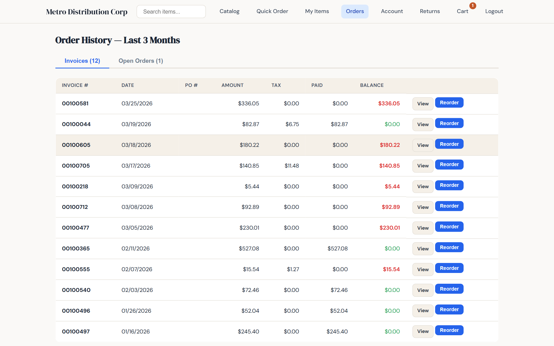 Order and invoice history in B2B portal with status badges, reorder buttons, and print view