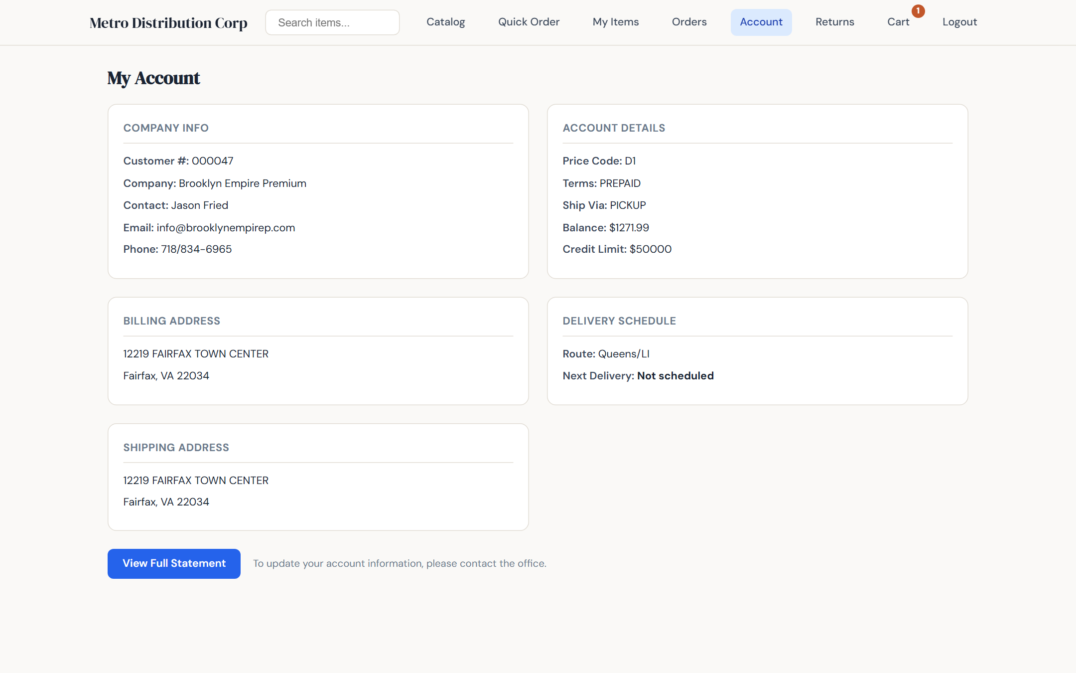 Customer account profile in B2B portal with contact info, delivery schedule, and route information