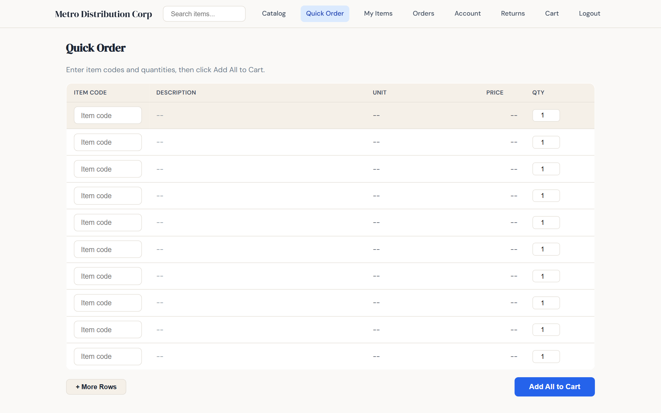 Quick order form in B2B portal with live item lookup and multiple line entry
