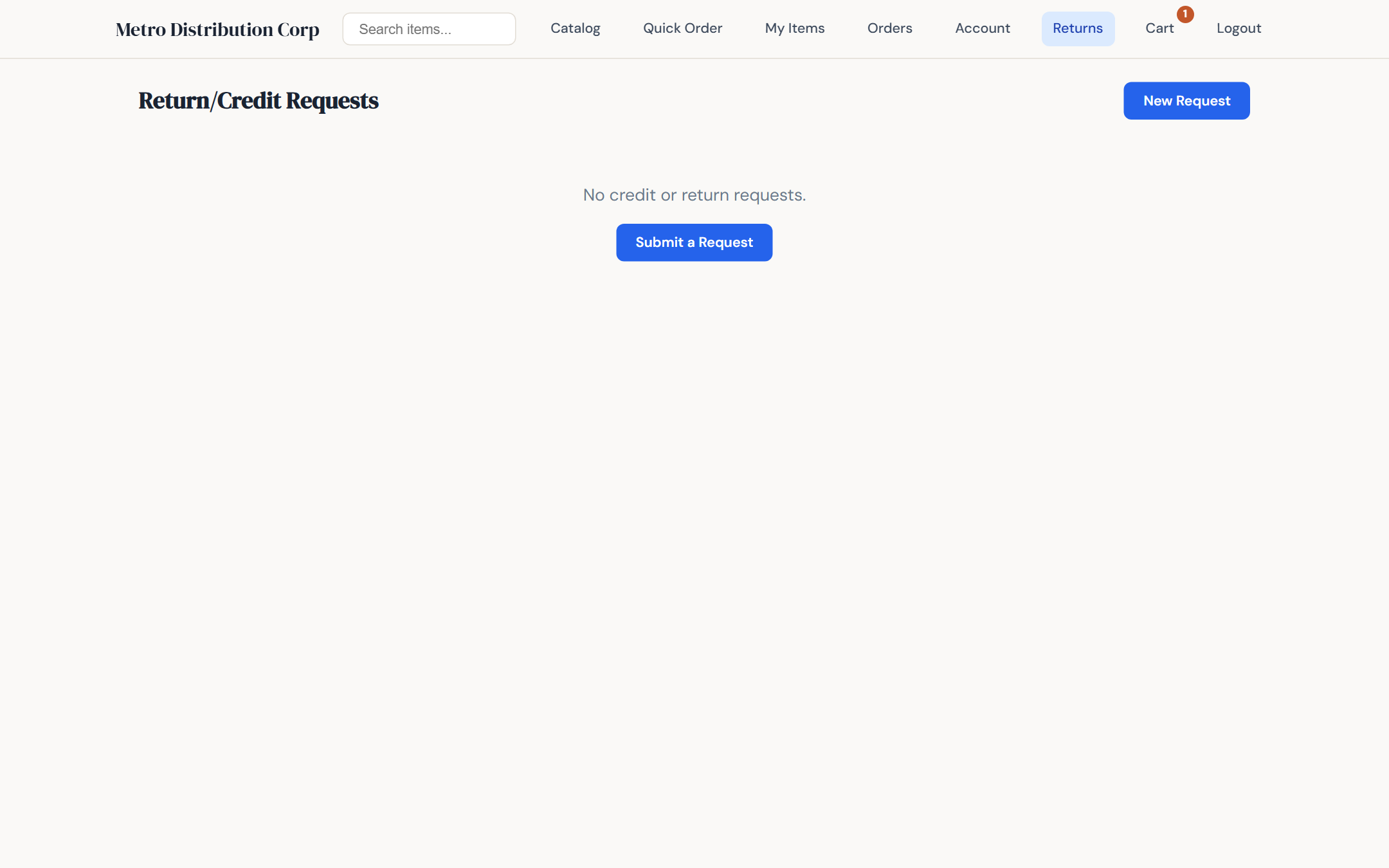Returns and credit request section in B2B portal with submission form and status tracking