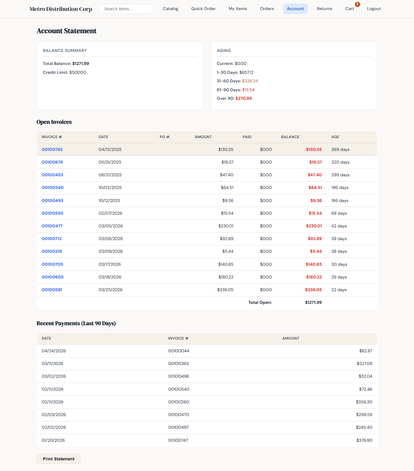 Customer account statement in B2B portal with open invoices, aging buckets, and recent payments