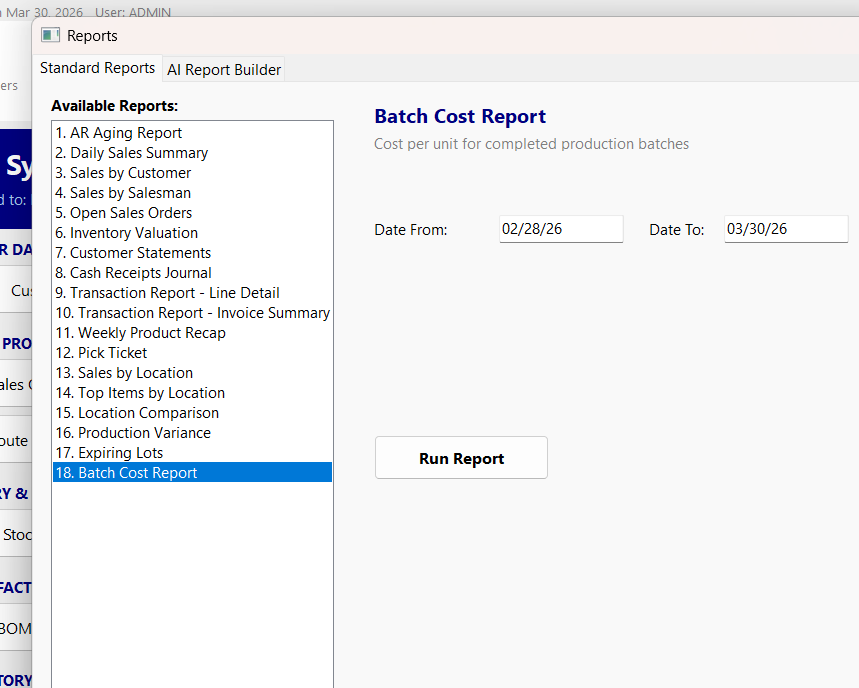 Reports form with 18 standard reports including AR Aging, Daily Sales, and Inventory Valuation