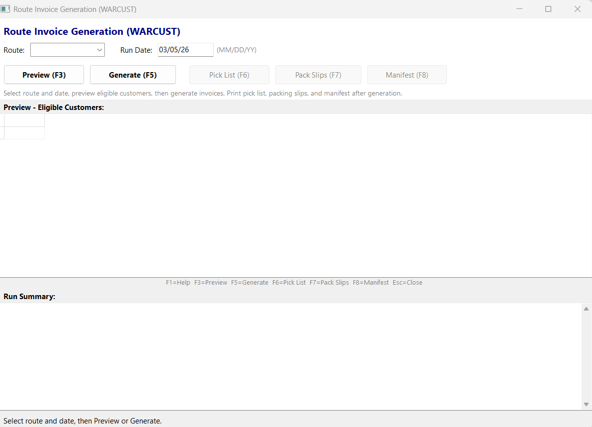 Route delivery planning screen for distributor invoice generation