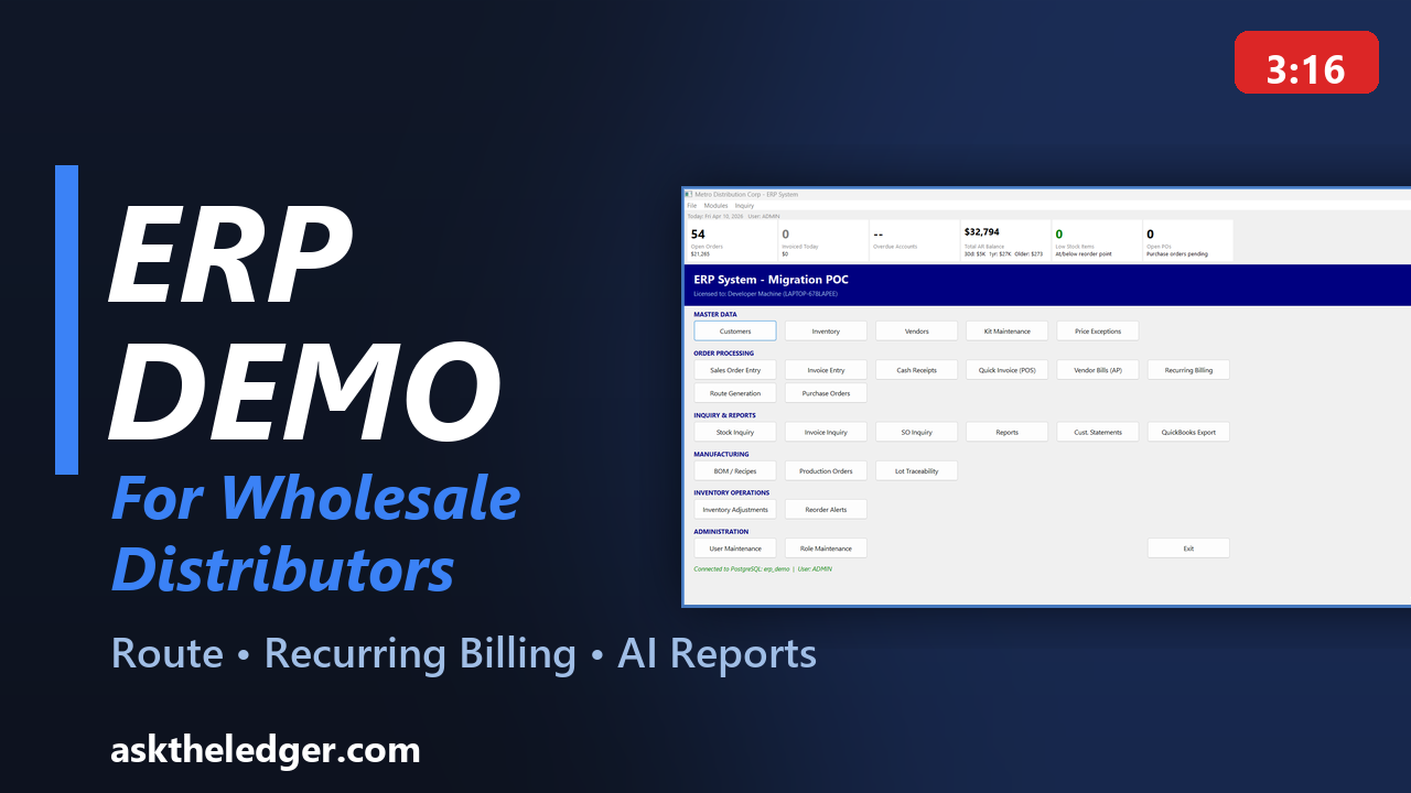 Ask the Ledger ERP Demo — ERP for wholesale distributors with route delivery, recurring billing, and AI reports